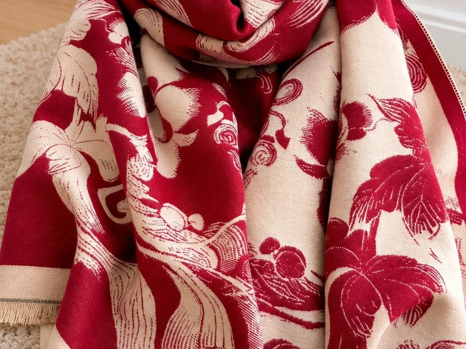 Bordeaux shawl beige and burgundy floral pattern with jacquard texture, reversible design.