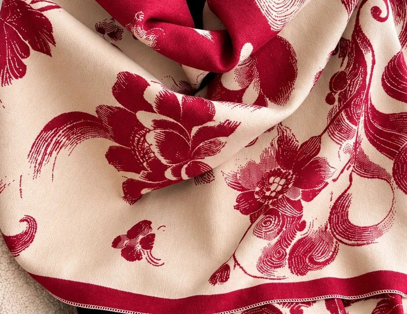 Bordeaux shawl beige and burgundy floral pattern with jacquard texture, reversible design.
