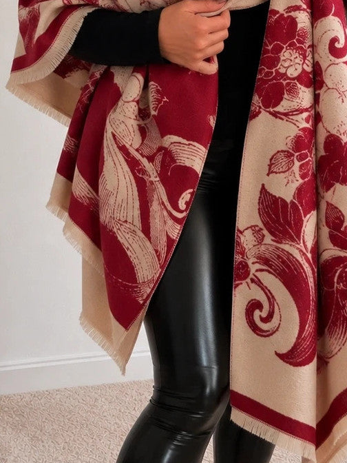 Bordeaux shawl beige and burgundy floral pattern with jacquard texture, reversible design.