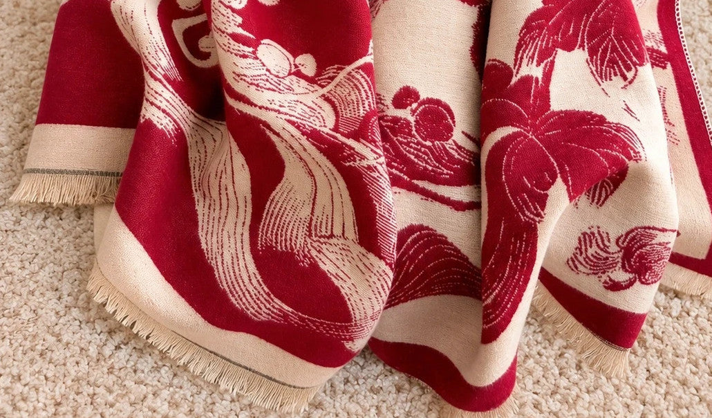 Bordeaux shawl beige and burgundy floral pattern with jacquard texture, reversible design.