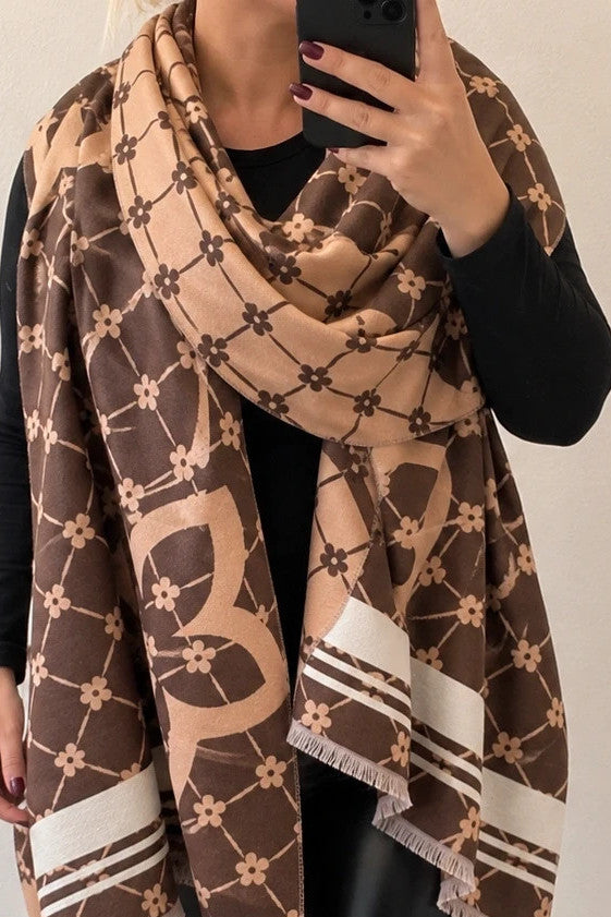 beige brown shawl floral pattern with decorative motifs and striped edges