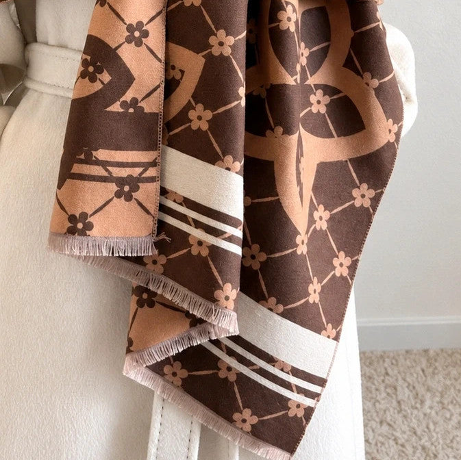 beige brown shawl floral pattern with decorative motifs and striped edges