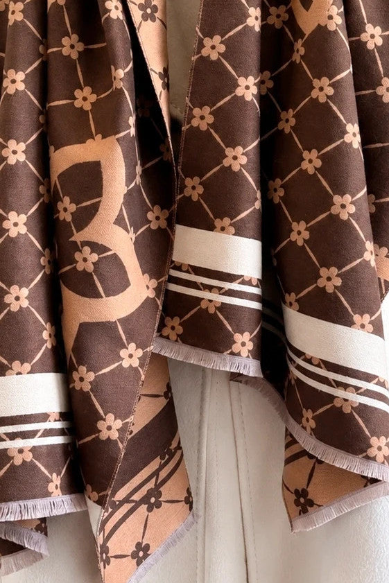 beige brown shawl floral pattern with decorative motifs and striped edges
