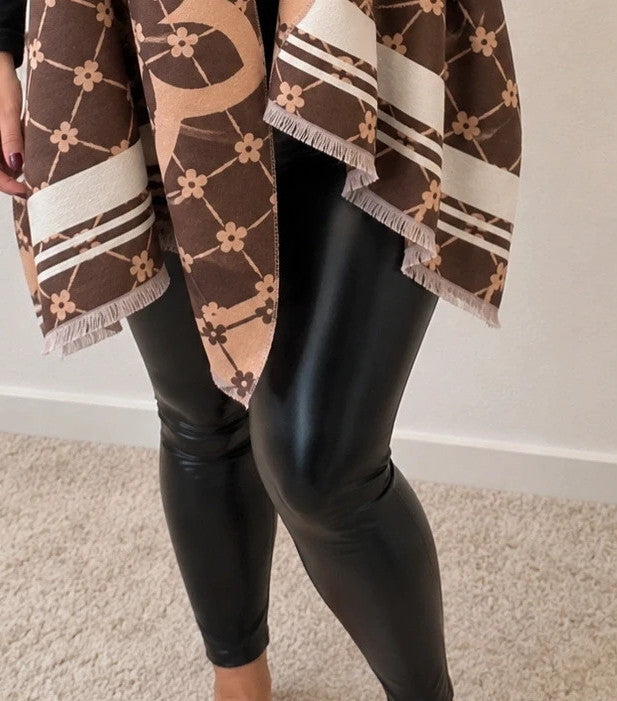 beige brown shawl floral pattern with decorative motifs and striped edges