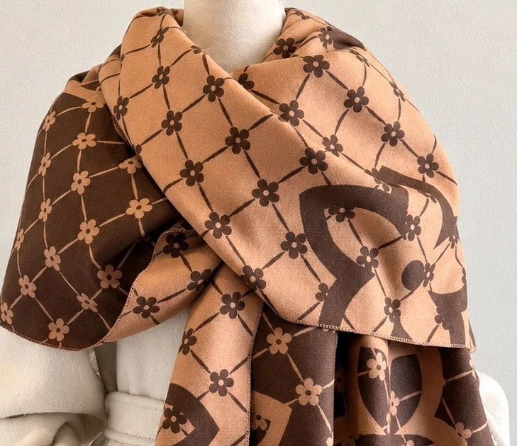 beige brown shawl floral pattern with decorative motifs and striped edges