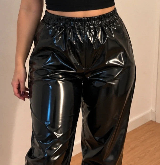 XXL black joggers shiny PU coating elastic waistband casual fit