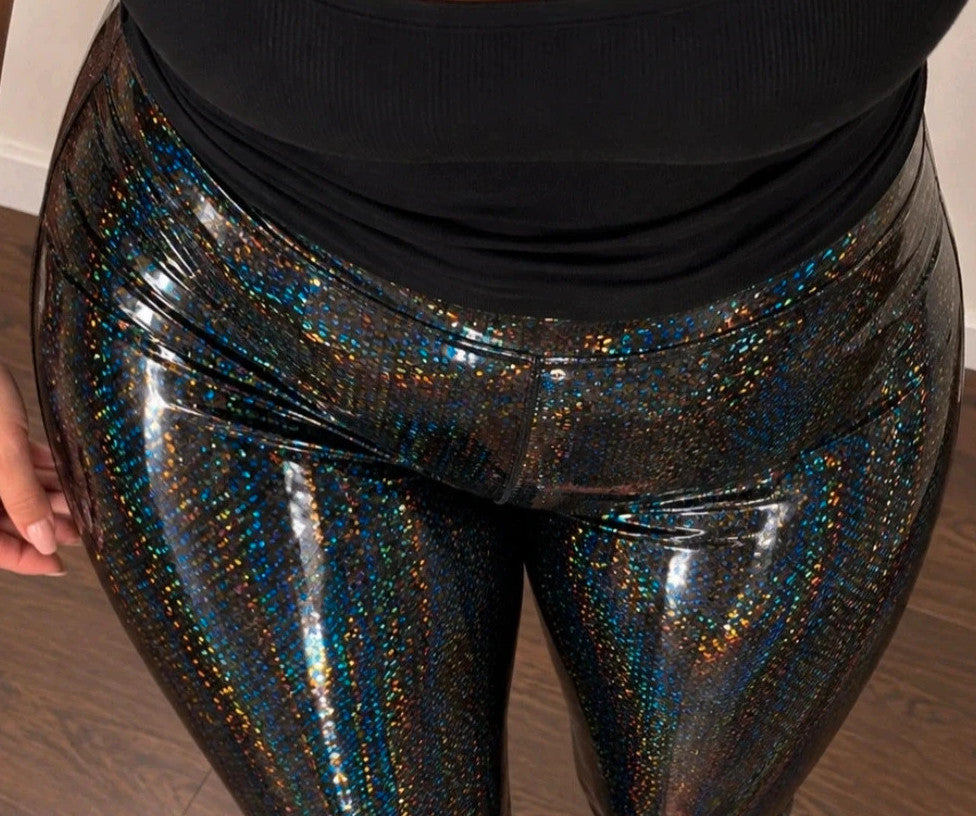 SheIn black bicycle tights with crocodile pattern and holographic shimmer effect.