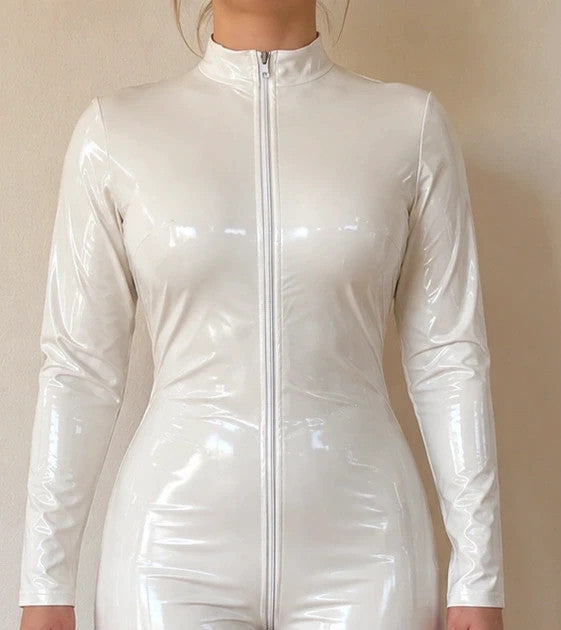 XXL white jumpsuit with long sleeves, high collar, and smooth coated finish.