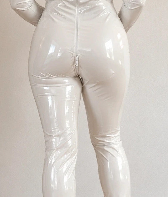 XXL white jumpsuit with long sleeves, high collar, and smooth coated finish.