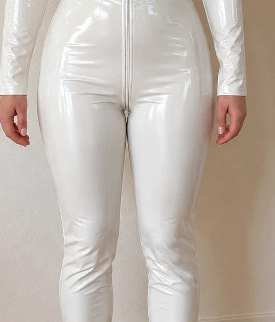 XXL white jumpsuit with long sleeves, high collar, and smooth coated finish.