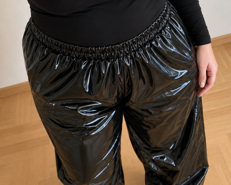 Che black bicycle tights glossy wetlook finish elastic waistband wide leg design