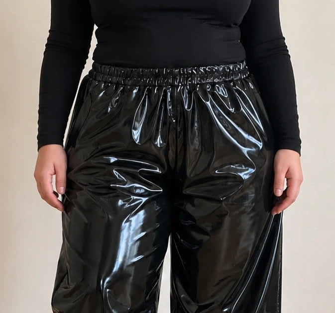 Che black bicycle tights glossy wetlook finish elastic waistband wide leg design