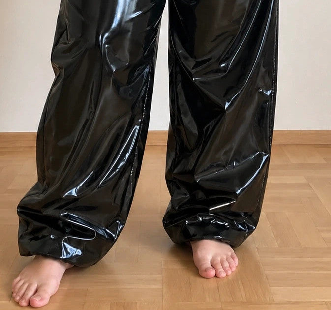 Che black bicycle tights glossy wetlook finish elastic waistband wide leg design