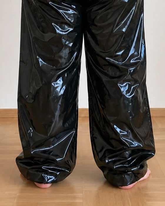 Che black bicycle tights glossy wetlook finish elastic waistband wide leg design