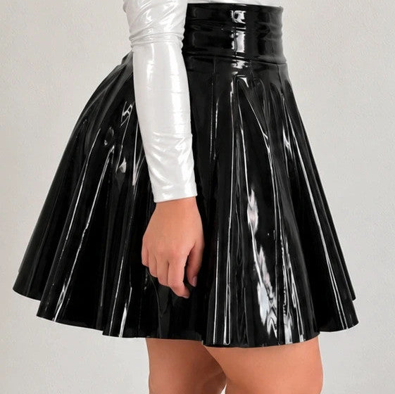 Che black mini skirt high waist glossy finish wide flared cut with back zipper