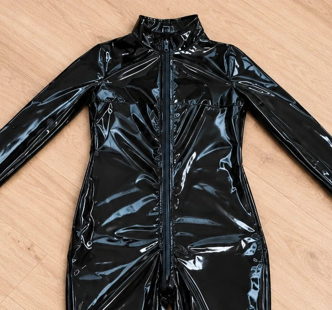 XXL black jumpsuit long sleeves fitted design with high collar and elegant silhouette