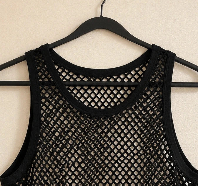 Stoff black mesh tank top with round neckline and wide straps, featuring open hole pattern.