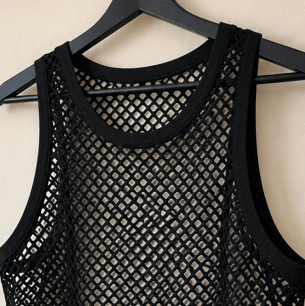 Stoff black mesh tank top with round neckline and wide straps, featuring open hole pattern.