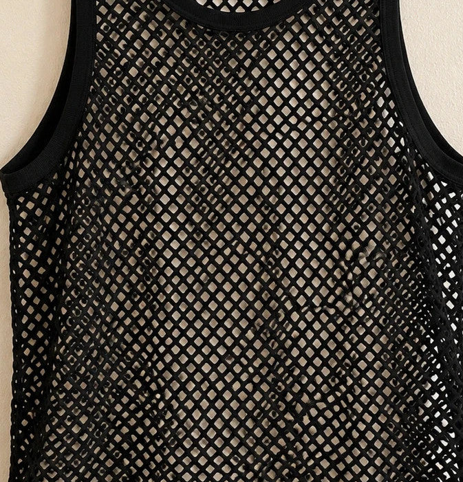 Stoff black mesh tank top with round neckline and wide straps, featuring open hole pattern.