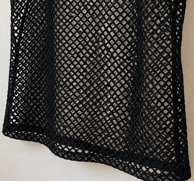 Stoff black mesh tank top with round neckline and wide straps, featuring open hole pattern.