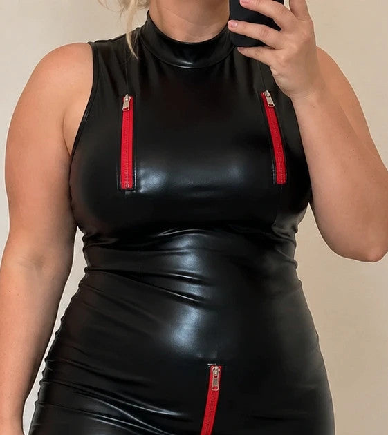 REI black bandage dress wetlook finish with red zippers and small stand collar