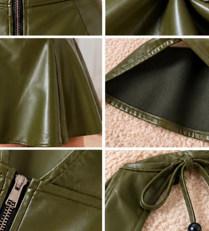 XXL green bandage dress with shiny faux leather, deep V-neck, open back, and zipper.