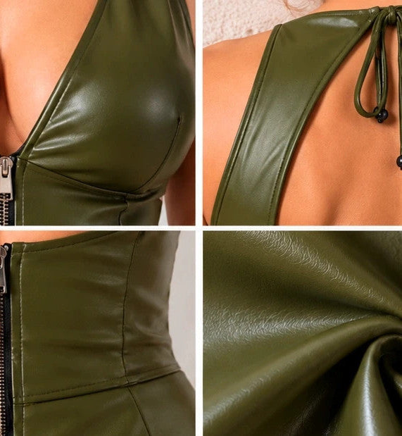 XXL green bandage dress with shiny faux leather, deep V-neck, open back, and zipper.