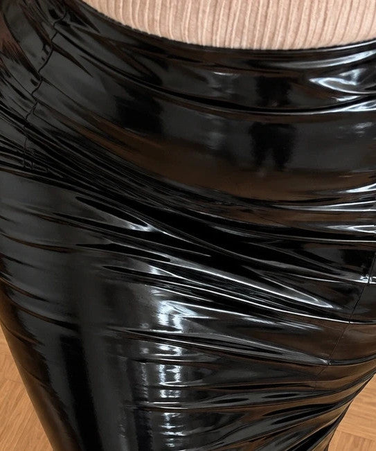 REI black wetlook midi skirt high waist with shiny finish and back zipper.