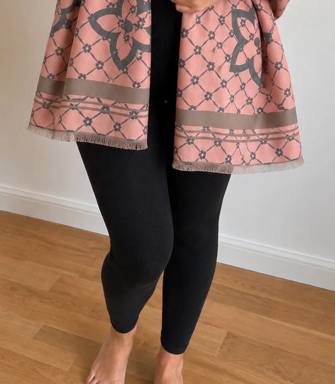 Muster shawl grey pink floral pattern reversible with fringed ends and decorative border.