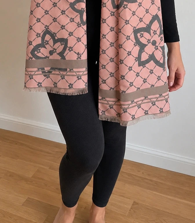 Muster shawl grey pink floral pattern reversible with fringed ends and decorative border.