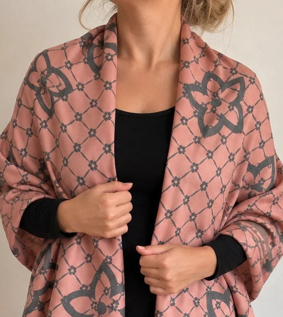 Muster shawl grey pink floral pattern reversible with fringed ends and decorative border.
