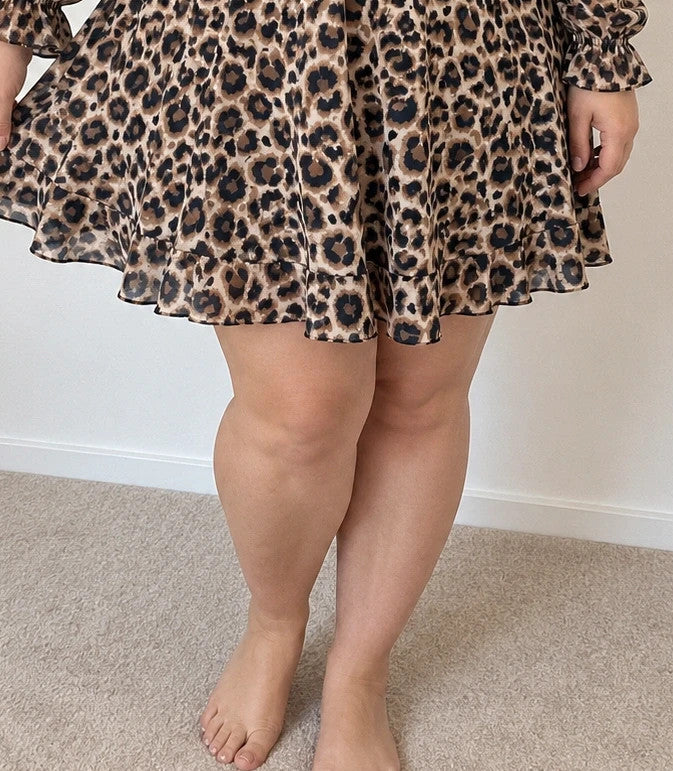Braun bandage dress beige brown leopard print deep V-neck long sleeves with ruffle cuffs