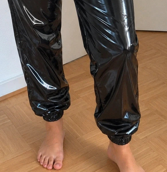 Che black joggers shiny wetlook finish elastic waistband and cuffs
