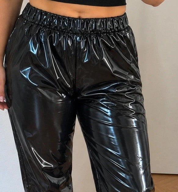 Che black joggers shiny wetlook finish elastic waistband and cuffs