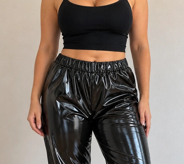 Che black joggers shiny wetlook finish elastic waistband and cuffs