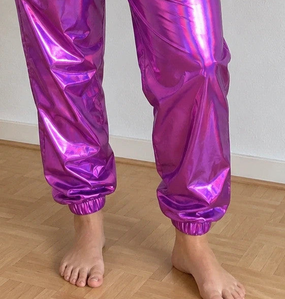 Lila purple pants with holographic metallic sheen and elastic waistband, size L.