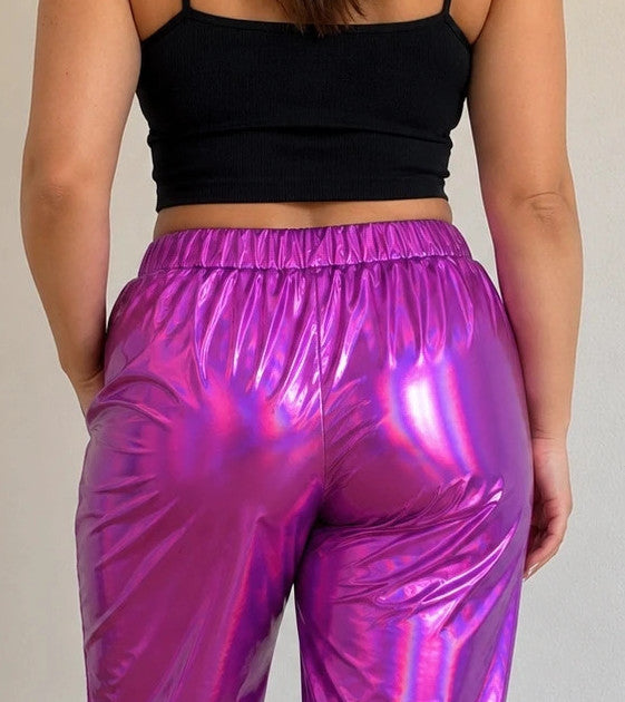 Lila purple pants with holographic metallic sheen and elastic waistband, size L.