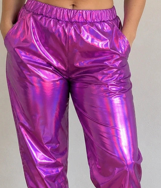 Lila purple pants with holographic metallic sheen and elastic waistband, size L.