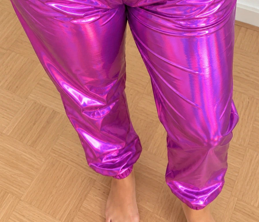 Lila purple pants with holographic metallic sheen and elastic waistband, size L.