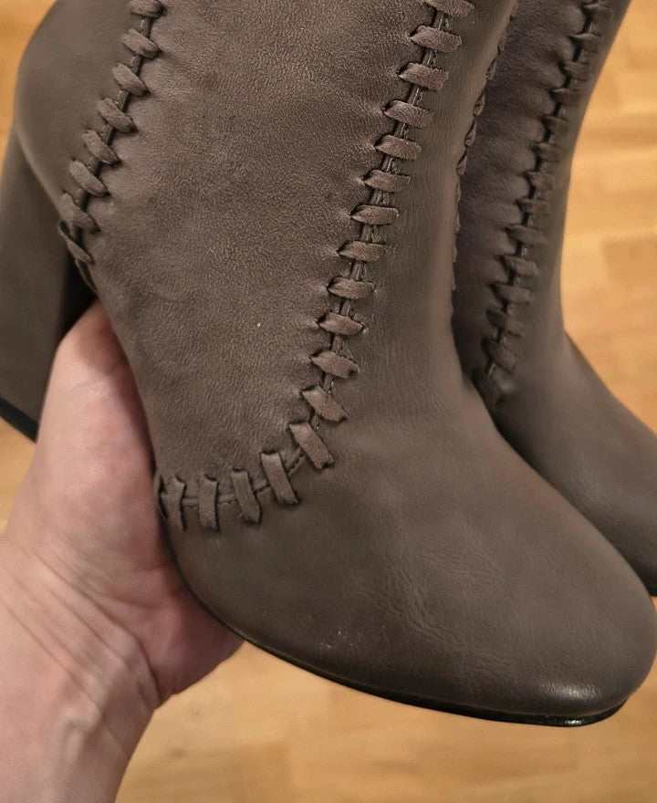 RandBe grey ankle boots faux leather decorative stitching block heel side zipper