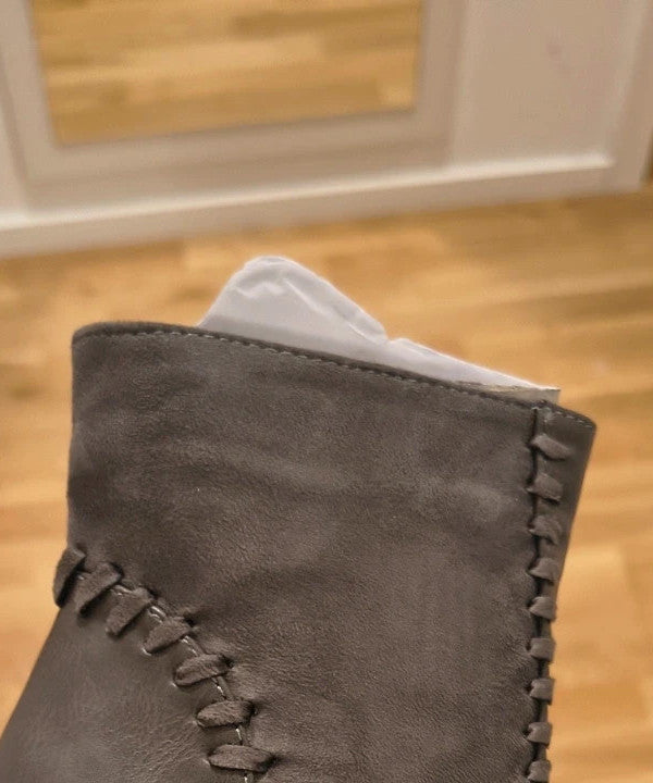 RandBe grey ankle boots faux leather decorative stitching block heel side zipper