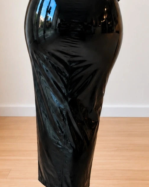 L'ange black maxi dress wetlook finish standing collar long sleeves fitted silhouette