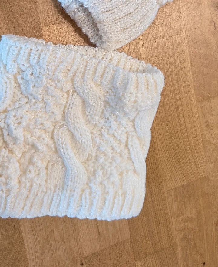 Off-White cream hat and neck warmer set with cable knit pattern, soft polyester material.