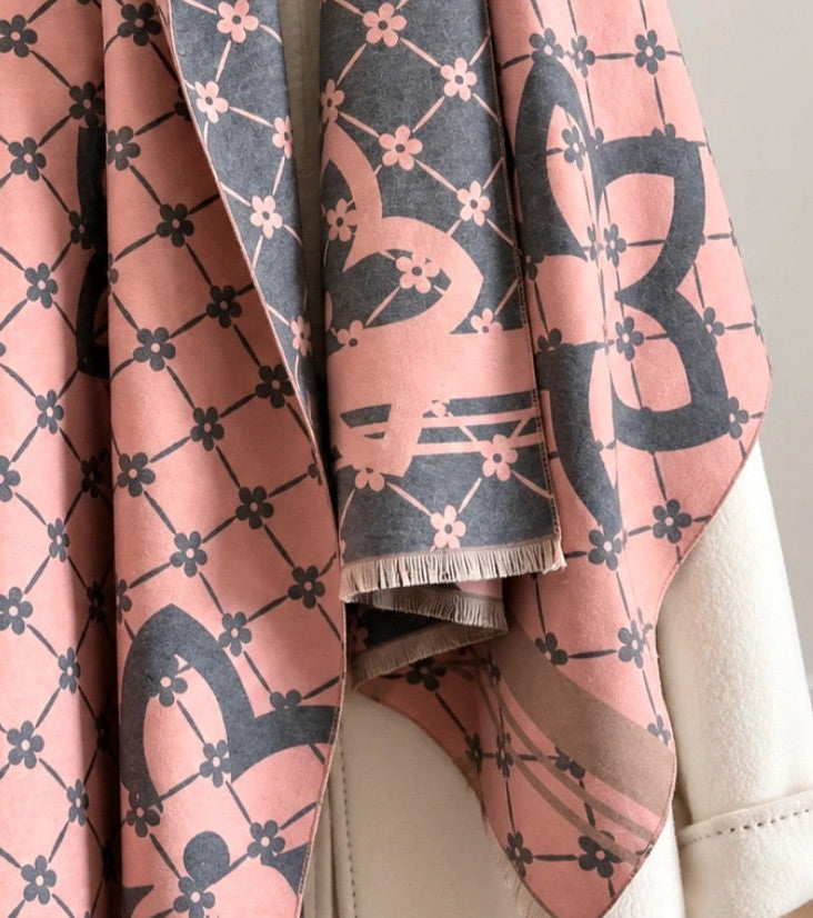 Nes grey and pink shawl floral pattern with decorative fringes, reversible design.