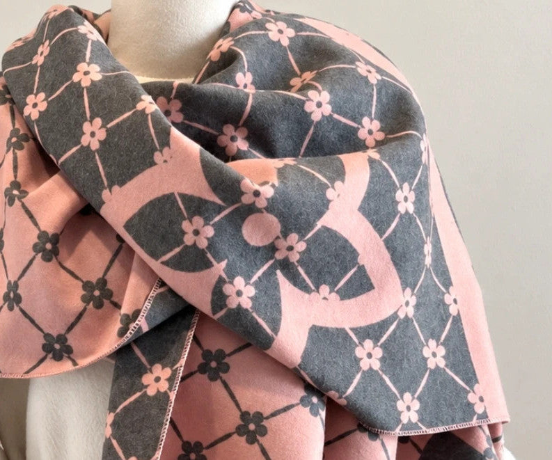 Nes grey and pink shawl floral pattern with decorative fringes, reversible design.