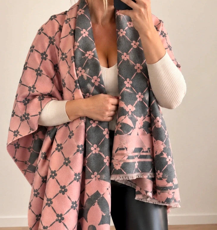 Nes grey and pink shawl floral pattern with decorative fringes, reversible design.