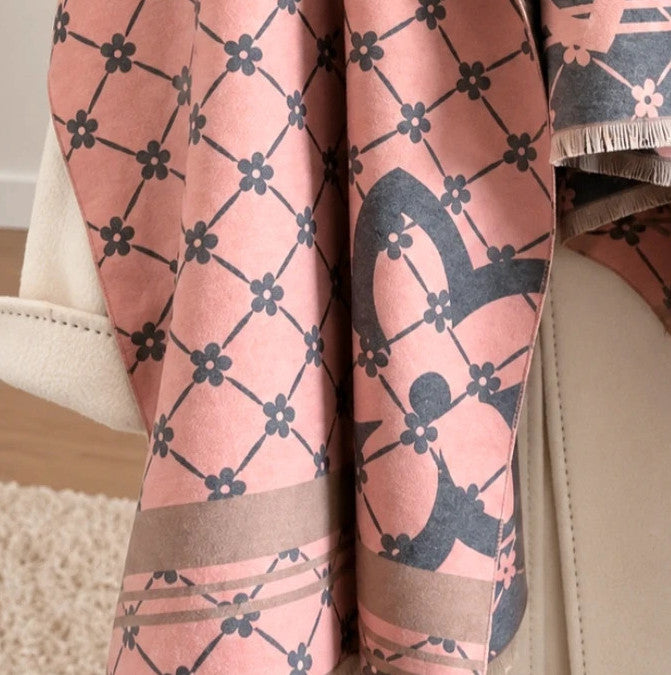 Nes grey and pink shawl floral pattern with decorative fringes, reversible design.