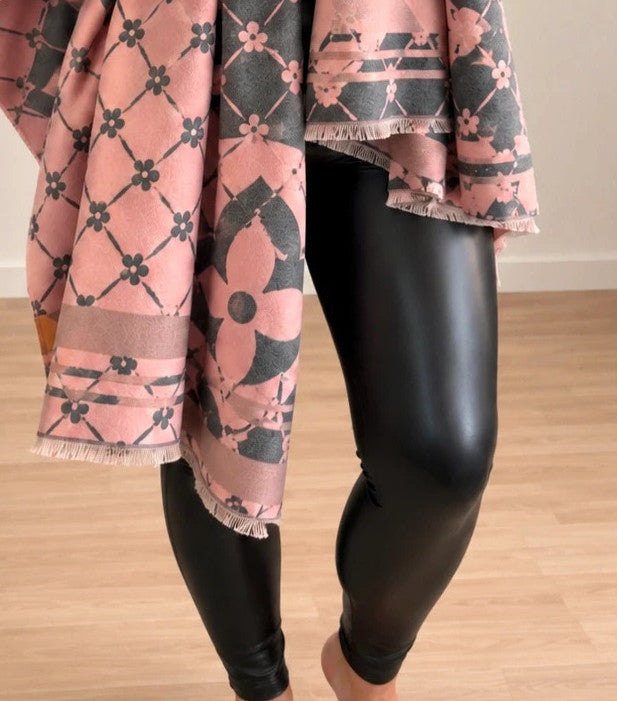 Nes grey and pink shawl floral pattern with decorative fringes, reversible design.