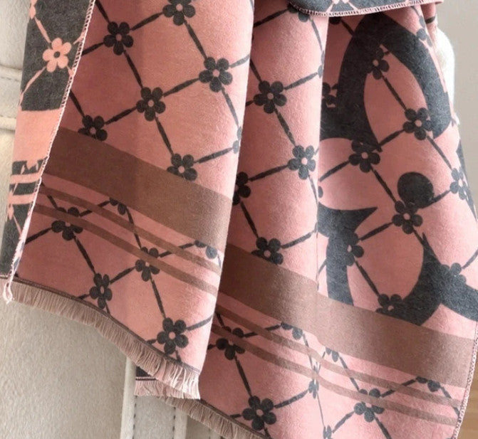 Nes grey and pink shawl floral pattern with decorative fringes, reversible design.