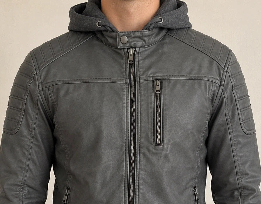 Indicode grey biker jacket with logo, padded hood, and quilted shoulder details.